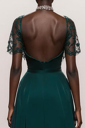 Dark Green Satin Mermaid Ruched Lace Sleeves Long Formal Dress