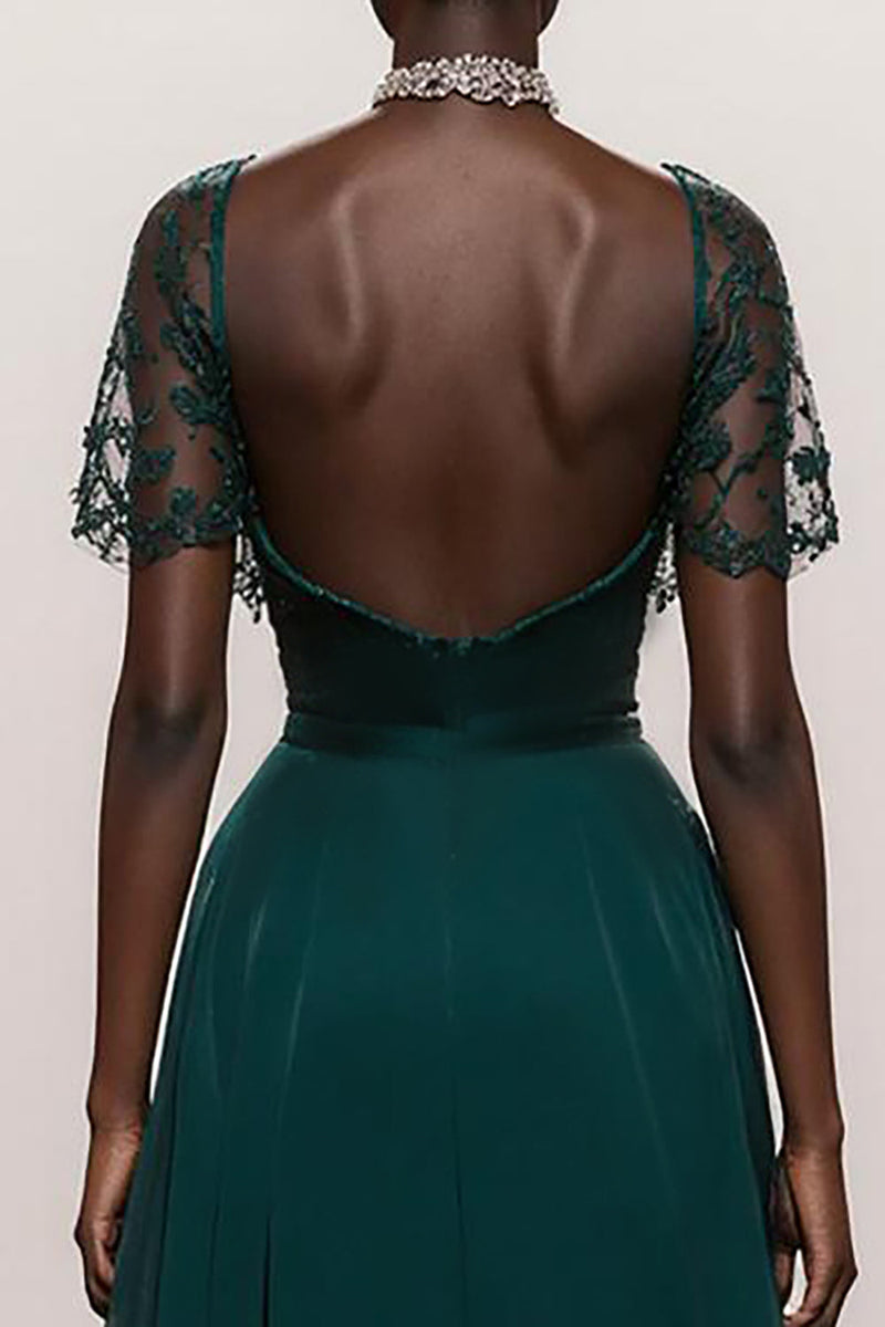 Load image into Gallery viewer, Dark Green Satin Mermaid Ruched Lace Sleeves Long Formal Dress
