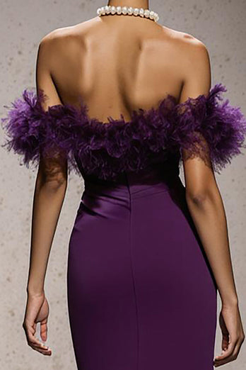 Purple Mermaid Satin Off the Shoulder Long Formal Dress with Feathers