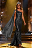 Load image into Gallery viewer, Sparkly Gold Mermaid Sequin Long Pageant Dress with Side Cape