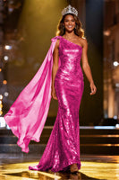 Load image into Gallery viewer, Sparkly Gold Mermaid Sequin Long Pageant Dress with Side Cape