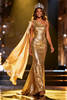 Load image into Gallery viewer, Sparkly Gold Mermaid Sequin Long Pageant Dress with Side Cape