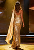 Load image into Gallery viewer, Sparkly Gold Mermaid Sequin Long Pageant Dress with Side Cape