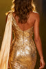 Load image into Gallery viewer, Sparkly Gold Mermaid Sequin Long Pageant Dress with Side Cape