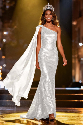 Sparkly Gold Mermaid Sequin Long Pageant Dress with Side Cape
