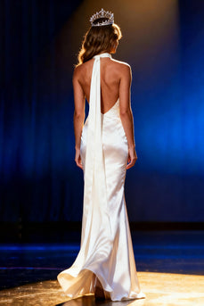 White Mermaid Halter Satin Long Pageant Dress with Cape