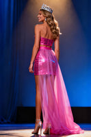 Load image into Gallery viewer, Sparkly Hot Pink Two Piece Bodycon Sequin Short Pageant Dress with Cape