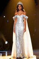Load image into Gallery viewer, Sparkly Silver Sequin Off the Shoulder Long Pageant Dress with Cape