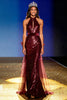 Load image into Gallery viewer, Sparkly Burgundy Sequin Halter Mermaid Long Pageant Dress with Bow