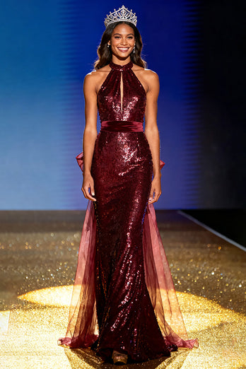 Sparkly Burgundy Sequin Halter Mermaid Long Pageant Dress with Bow