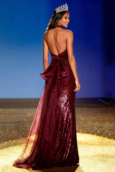 Sparkly Burgundy Sequin Halter Mermaid Long Pageant Dress with Bow