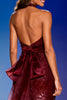 Load image into Gallery viewer, Sparkly Burgundy Sequin Halter Mermaid Long Pageant Dress with Bow