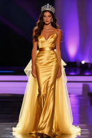 Load image into Gallery viewer, Yellow Spaghetti Straps Mermaid Satin Long Pageant Dress with Cape