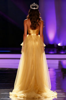 Yellow Spaghetti Straps Mermaid Satin Long Pageant Dress with Cape