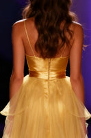 Load image into Gallery viewer, Yellow Spaghetti Straps Mermaid Satin Long Pageant Dress with Cape