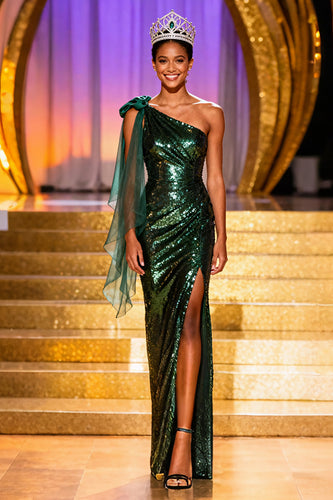 Sparkly Dark Green One Shoulder Sequin Long Pageant Dress with Slit