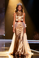 Load image into Gallery viewer, Champagne Mermaid Satin High Neck Long Pageant Dress with Cape
