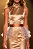 Load image into Gallery viewer, Champagne Mermaid Satin High Neck Long Pageant Dress with Cape