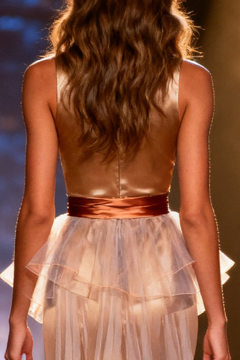 Load image into Gallery viewer, Champagne Mermaid Satin High Neck Long Pageant Dress with Cape