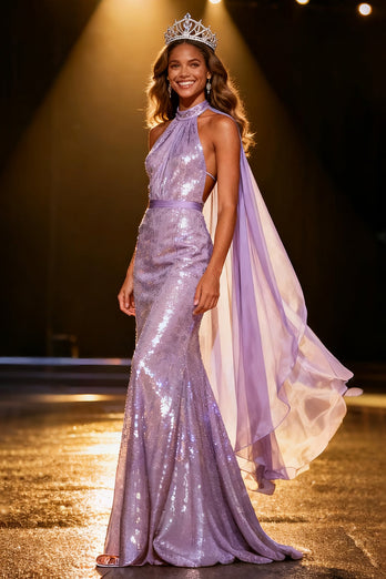 Sparkly Light Purple Mermaid Halter Sequin Long Pageant Dress with Side Cape