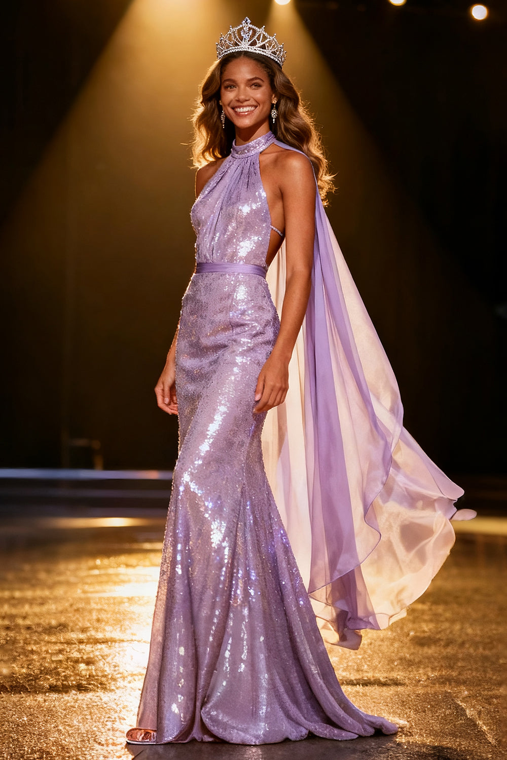 Sparkly Light Purple Mermaid Halter Sequin Long Pageant Dress with Side Cape