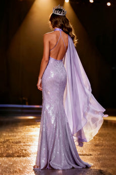 Sparkly Light Purple Mermaid Halter Sequin Long Pageant Dress with Side Cape