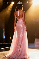 Load image into Gallery viewer, Sparkly Light Pink Sequin Mermaid Halter Long Pageant Dress with Sash