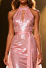 Load image into Gallery viewer, Sparkly Light Pink Sequin Mermaid Halter Long Pageant Dress with Sash