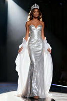 Load image into Gallery viewer, Sparkly Silver Mermaid Sequin Sweetheart Long Pageant Dress with Shawl