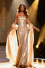 Load image into Gallery viewer, Sparkly Champagne Mermaid Sequin Strapless Long Pageant Dress with Shawl