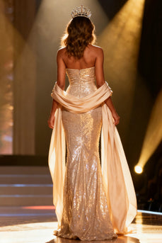 Sparkly Champagne Mermaid Sequin Strapless Long Pageant Dress with Shawl