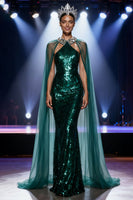 Load image into Gallery viewer, Sparkly Dark Green Sequin Halter Mermaid Long Pageant Dress with Cape