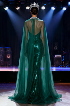 Sparkly Dark Green Sequin Halter Mermaid Long Pageant Dress with Cape
