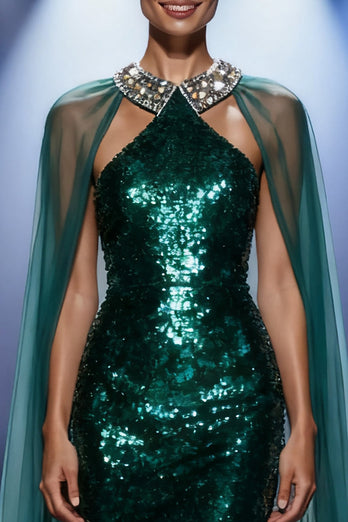 Sparkly Dark Green Sequin Halter Mermaid Long Pageant Dress with Cape