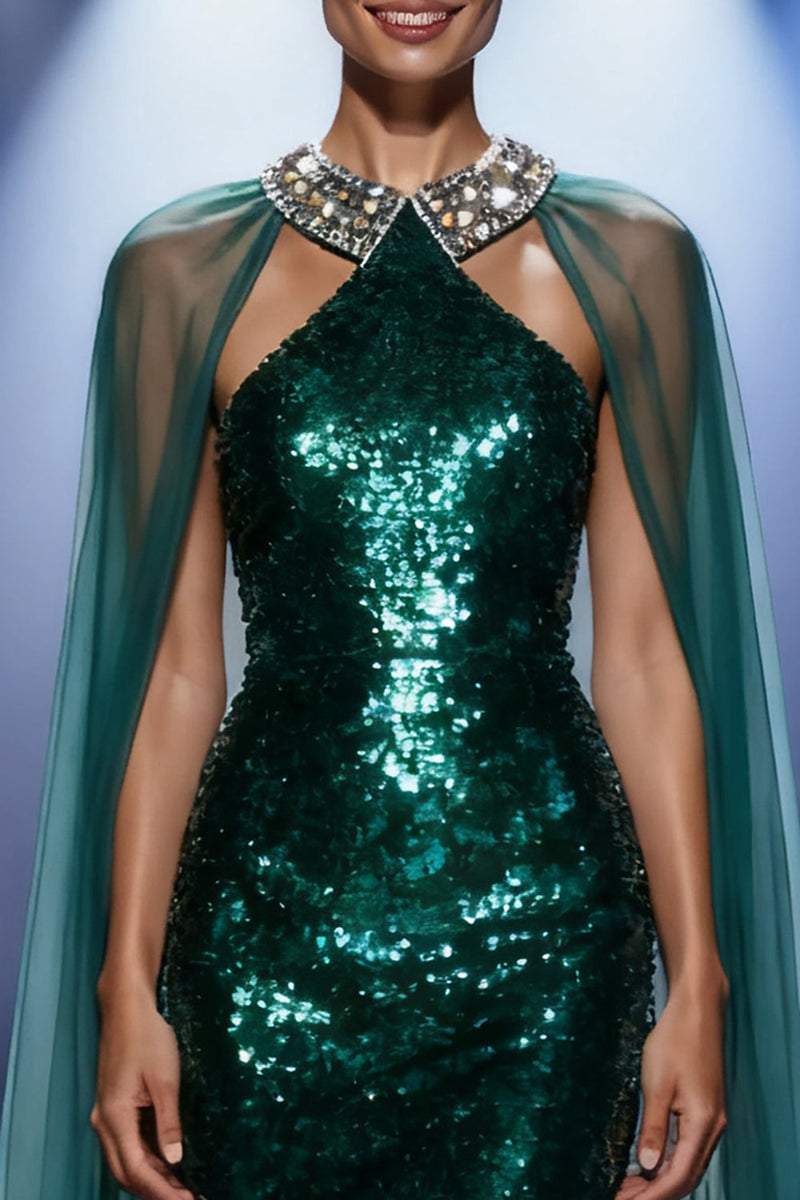 Load image into Gallery viewer, Sparkly Dark Green Sequin Halter Mermaid Long Pageant Dress with Cape