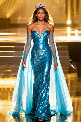 Sparkly Lake Blue Sequin Mermaid Sweetheart Long Pageant Dress with Cape