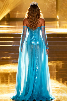 Sparkly Lake Blue Sequin Mermaid Sweetheart Long Pageant Dress with Cape