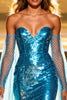 Load image into Gallery viewer, Sparkly Lake Blue Sequin Mermaid Sweetheart Long Pageant Dress with Cape