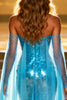 Load image into Gallery viewer, Sparkly Lake Blue Sequin Mermaid Sweetheart Long Pageant Dress with Cape