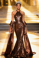Load image into Gallery viewer, Sparkly Coffee Mermaid Sequin Halter Long Pageant Dress with Shawl