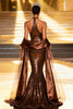 Load image into Gallery viewer, Sparkly Coffee Mermaid Sequin Halter Long Pageant Dress with Shawl