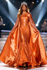 Load image into Gallery viewer, Sparkly Orange Sequin Mermaid One Shoulder Long Pageant Dress with Cape