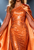Load image into Gallery viewer, Sparkly Orange Sequin Mermaid One Shoulder Long Pageant Dress with Cape