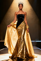 Load image into Gallery viewer, Sparkly Gold Strapless Mermaid Sequin Long Pageant Dress with Shawl
