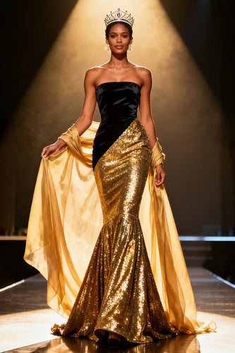 Sparkly Gold Strapless Mermaid Sequin Long Pageant Dress with Shawl