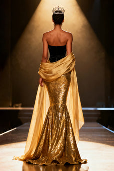 Sparkly Gold Strapless Mermaid Sequin Long Pageant Dress with Shawl