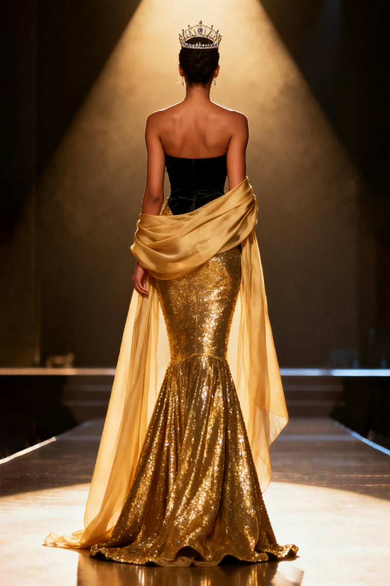 Load image into Gallery viewer, Sparkly Gold Strapless Mermaid Sequin Long Pageant Dress with Shawl