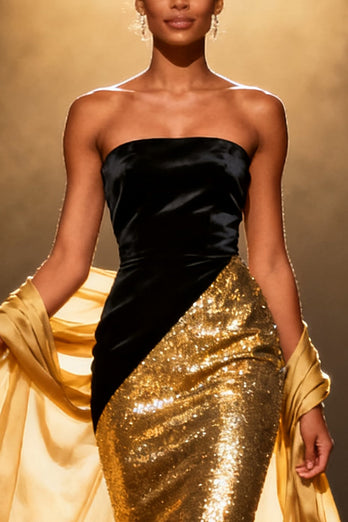 Sparkly Gold Strapless Mermaid Sequin Long Pageant Dress with Shawl
