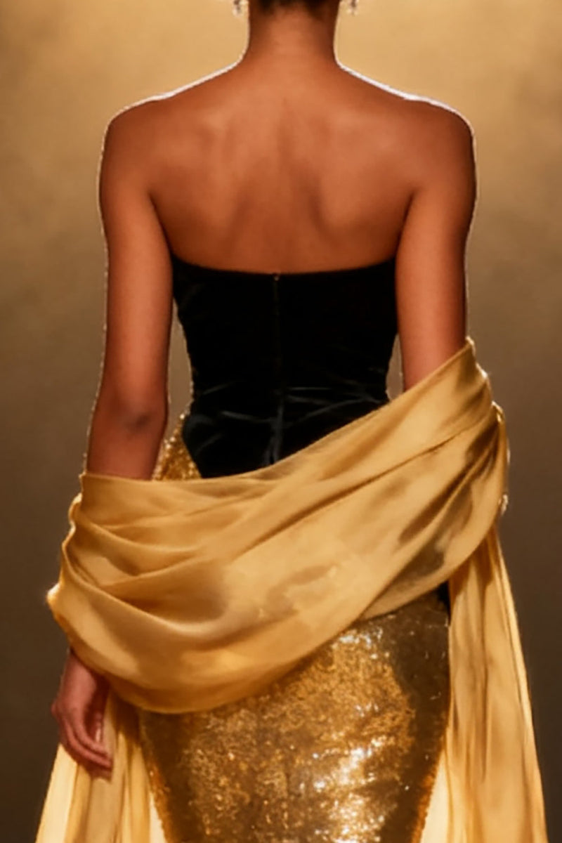 Load image into Gallery viewer, Sparkly Gold Strapless Mermaid Sequin Long Pageant Dress with Shawl
