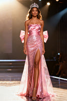 Load image into Gallery viewer, Sparkly Light Pink Mermaid Sequin Long Pageant Dress with Bow